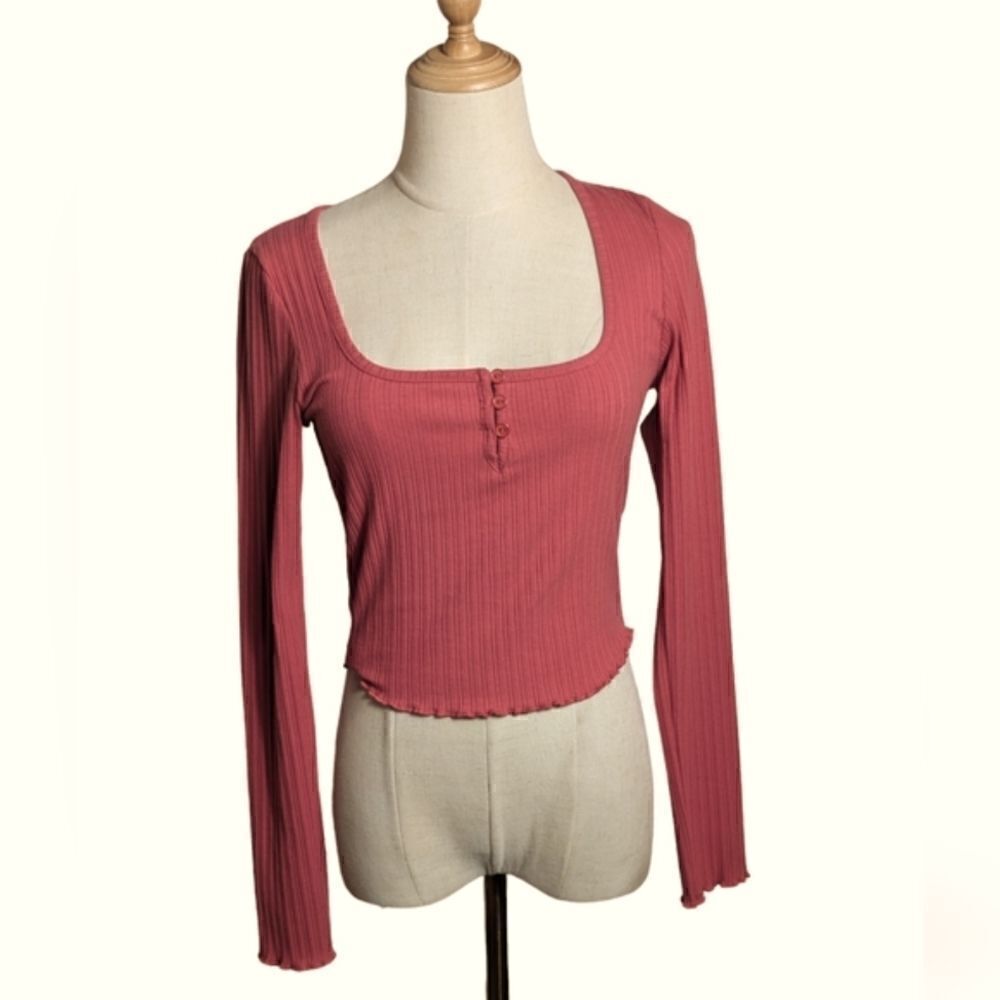 Zadig & Voltaire Cropped Deep Rose Upper Heart Strass Ribbed Button Henley NWT